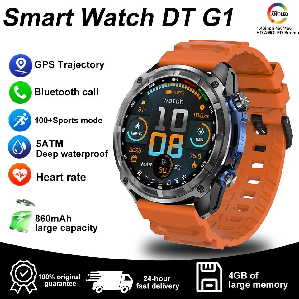 New Watch DT G1 Smart Watch Men's 1.43 "HD AMOLED Screen GPS Track 3ATM Waterproof Heart Rate Bluetooth Call Compass Smart Watch