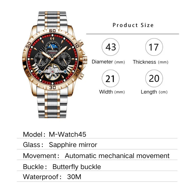 Men's Fully Automatic Mechanical Watch Tourbillon Series 43mm Dial with Day Date Sapphire Mirror Waterproof 30 Meters