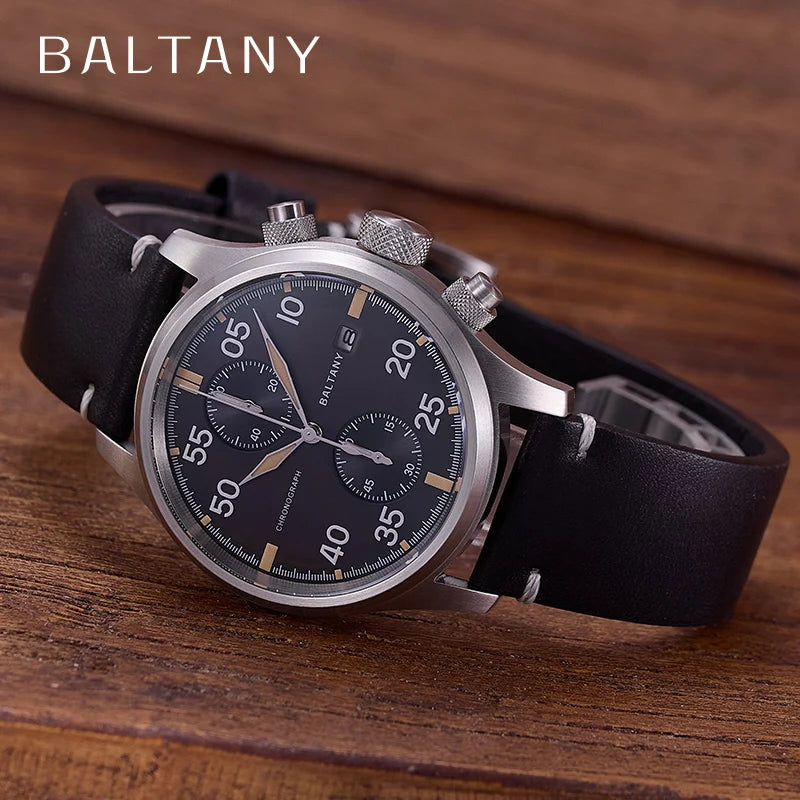 Baltany Solar Watch For Men S6070 10ATM Vintage Luminous Sapphire Crystal AR Coating Military Quartz Pilot Watches Chronograph