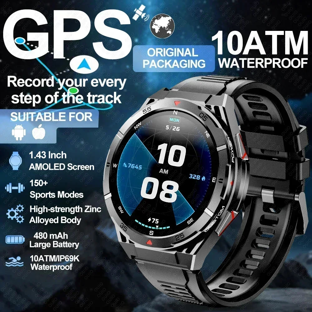 2025 New Dual-Band satellite GPS SmartWatch Men 1.43'' AMOLED Screen IP69 5ATM Waterproof Compass Heart Rate BT Call SmartWatch