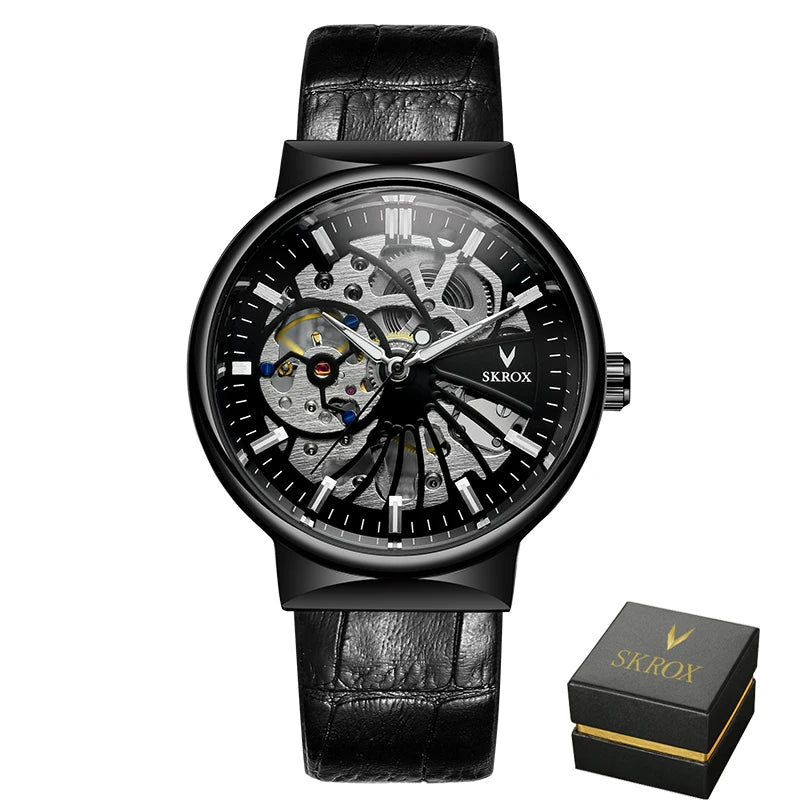 SKROX Vintage Skeleton Man Watch Thin Mechanical Luminous Male Wrist Watches Original Top Brand Luxury Clockwork reloj hombre