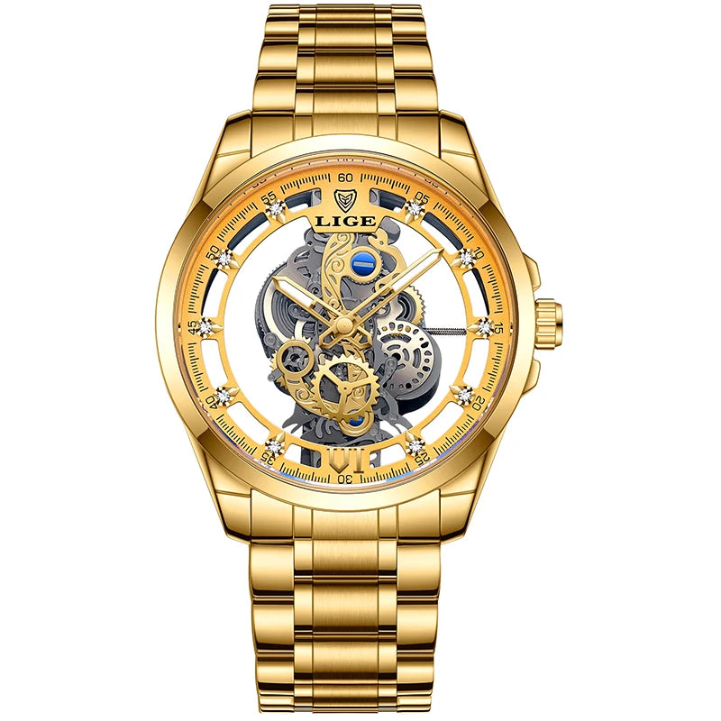 2024 LIGE Men Watch Skeleton Automatic Quartz Watch Gold Skeleton Vintage Man Watch Mens Watches Top Brand Luxury часы мужские