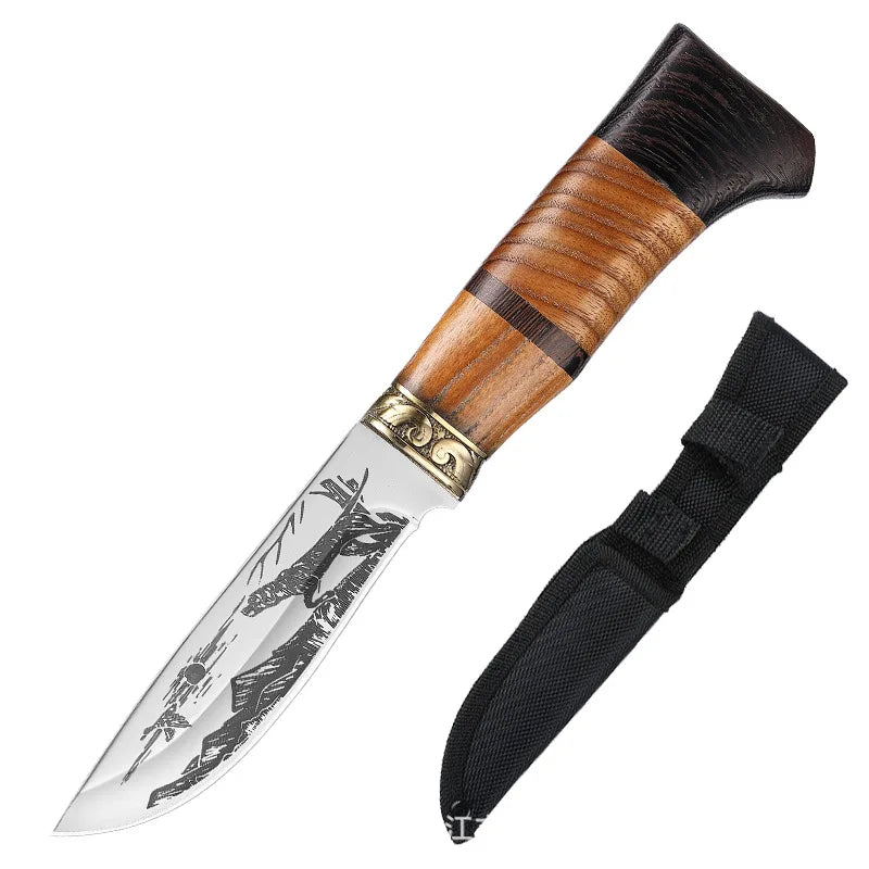 Kitchen Knife Set Beautifully Corroded Pattern Double Solid Wood Splice Copper Head Handle High Hardness Steel Carving Knife