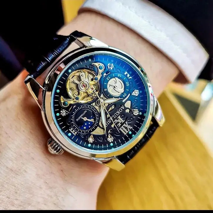Tourbillon Skeleton Mens Watches Top Brand Luxury Moon Phase 24 Hours Display Iced Out Automatic Mechanical Watch Leather Strap