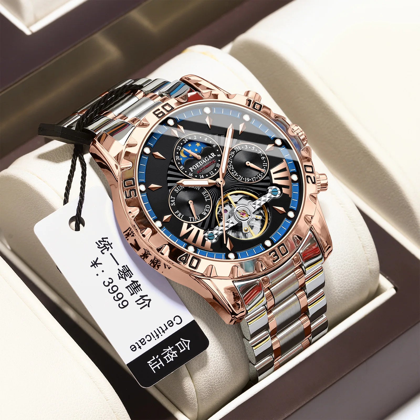 Men's Fully Automatic Mechanical Watch Tourbillon Series 43mm Dial with Day Date Sapphire Mirror Waterproof 30 Meters