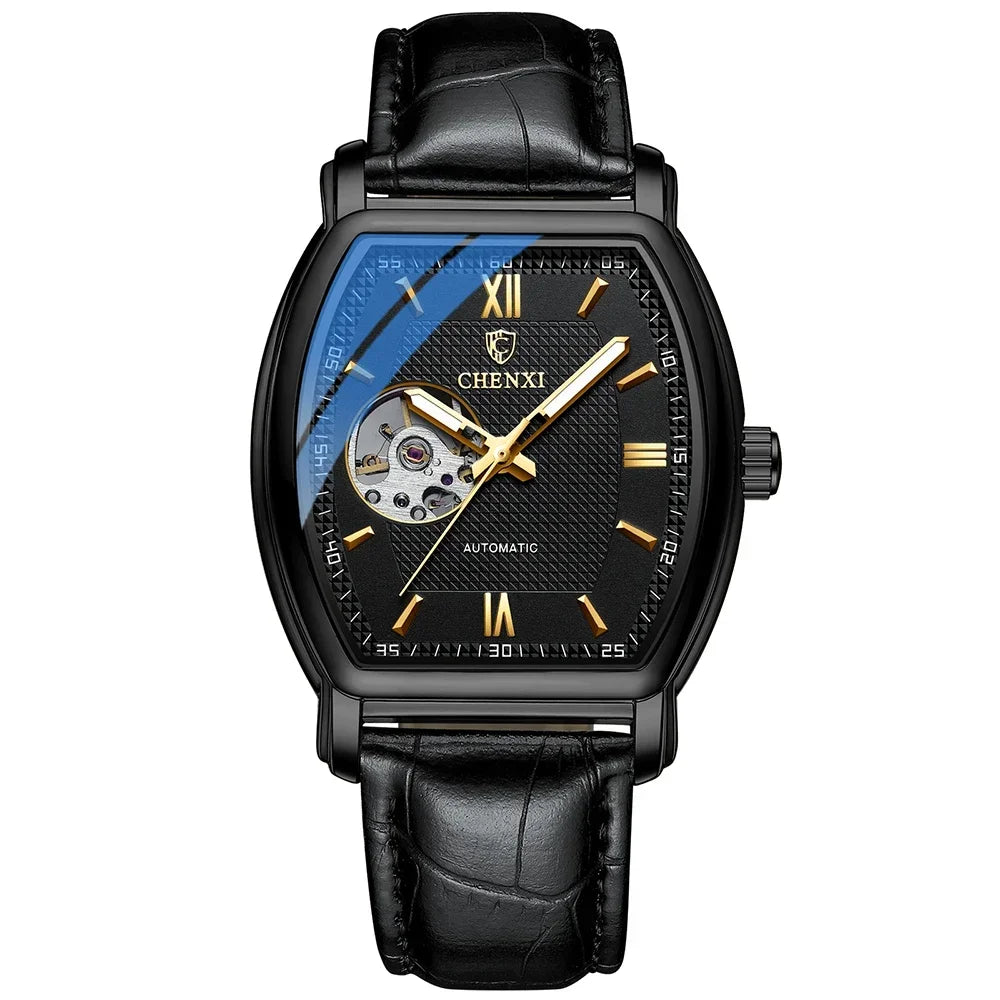 Tonneau Skeleton Automatic Watch - Barrel-Shaped Mechanical Timepiece for Men
