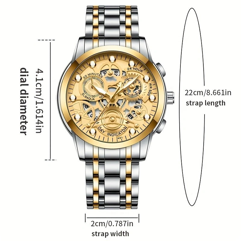 Sports Men's Watch Fashionable Stainless Steel Strap Fashionable Hollow Dial Golden Business Style Original Quartz Watch for Men