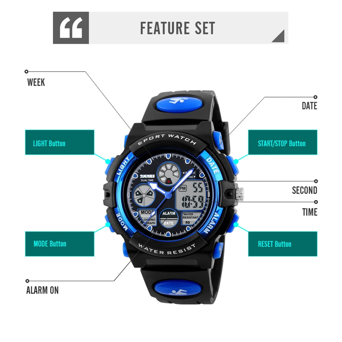 SKMEI Dual Time Display Sports Kids Watches Military Back Light 5Bar Waterproof Chrono Alarm Children Wristwatch For Boys Girls