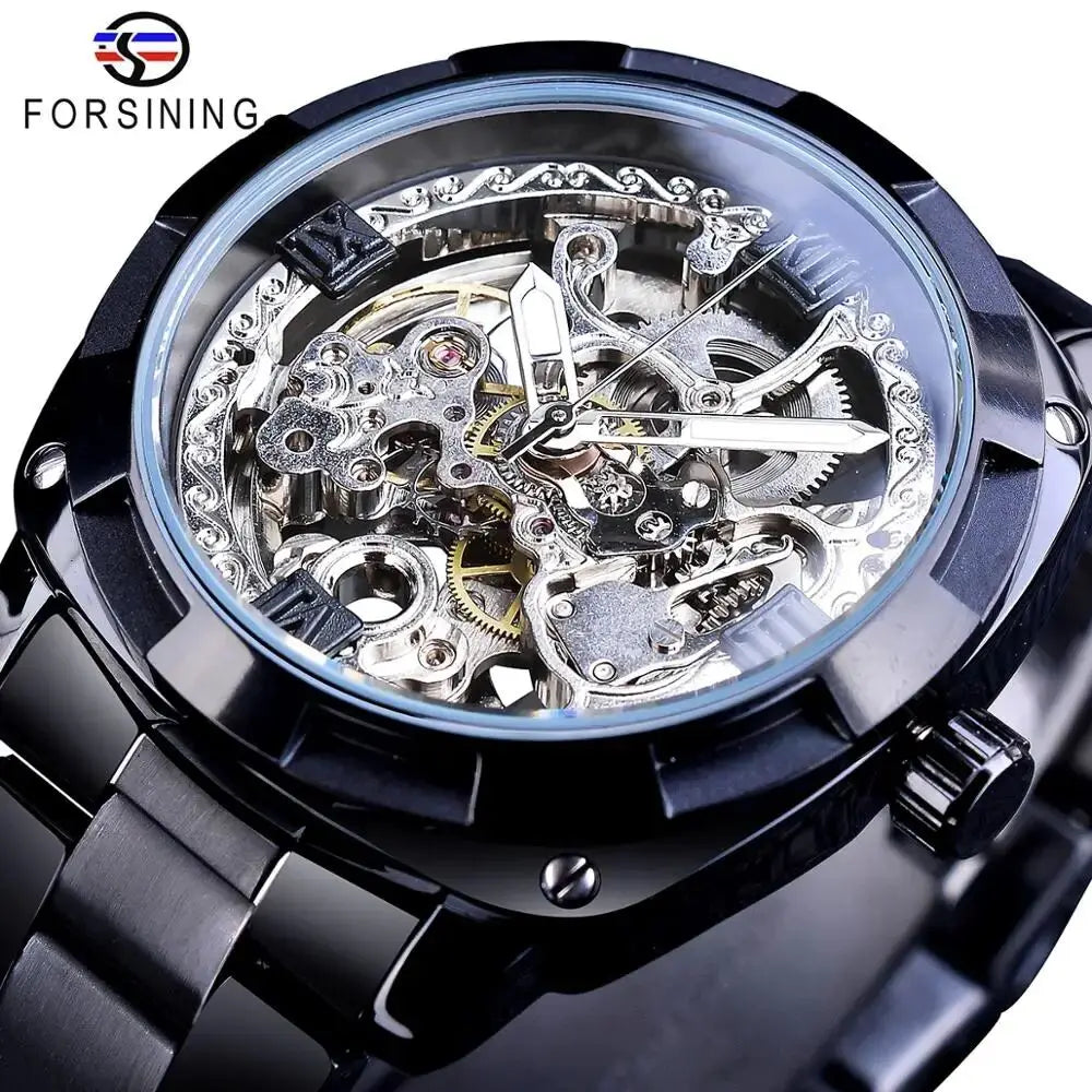 Forsining Men's Automatic Mechanical Watch - Luxury Golden Skeleton Dial with Luminous Hands