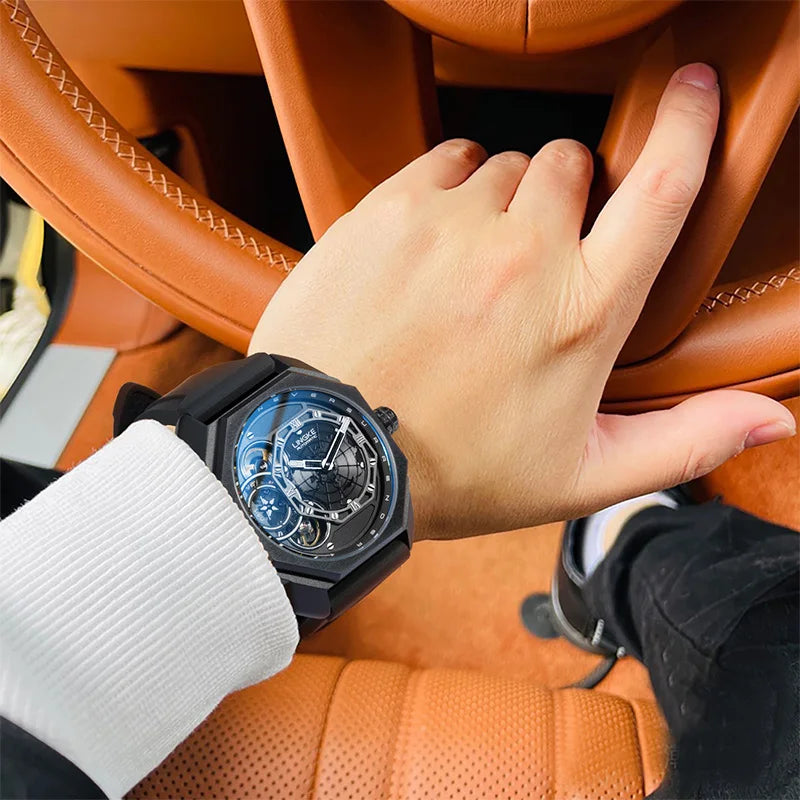 Skeleton Automatic Mechanical Watch Black Silicone Strap Men Clock Male Orologio Man Sliver Steampunk Hombre Relogio Masculino