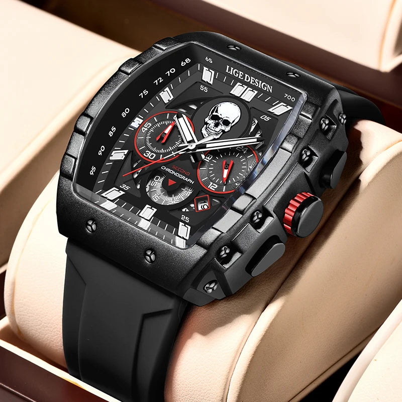 LIGE Brand Mens Watch Skeleton Skull Dial Sports Military Watches Men Fashion Luxury Waterproof Quartz Watch Chronograph Relogio