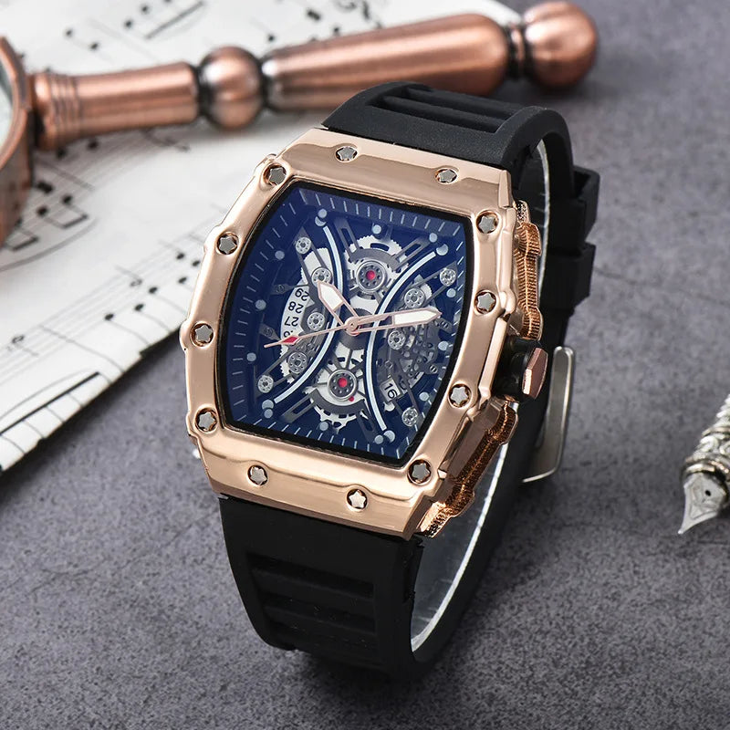 Skeleton Men's Watch Fashion Automatic Movement Barrel Luminous Waterproof Clock Sports Male's Silicone Strap Quartz Wristwatch