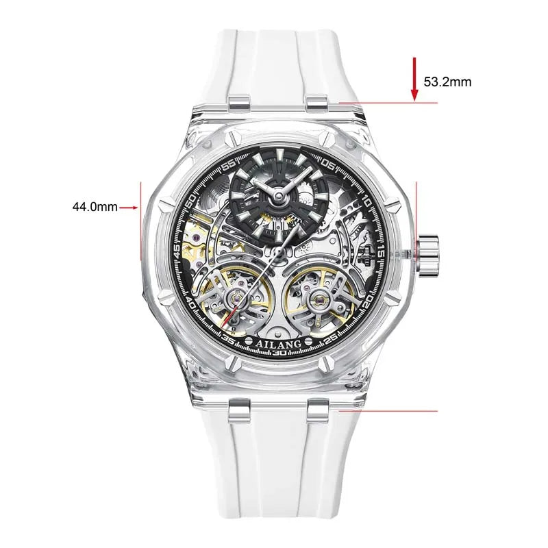 Two Tourbillon Design Luxury Men's Watch Transparent Case Rubber Fashion Style Leisure Automatic Mechanical Watch Men Gift Reloj