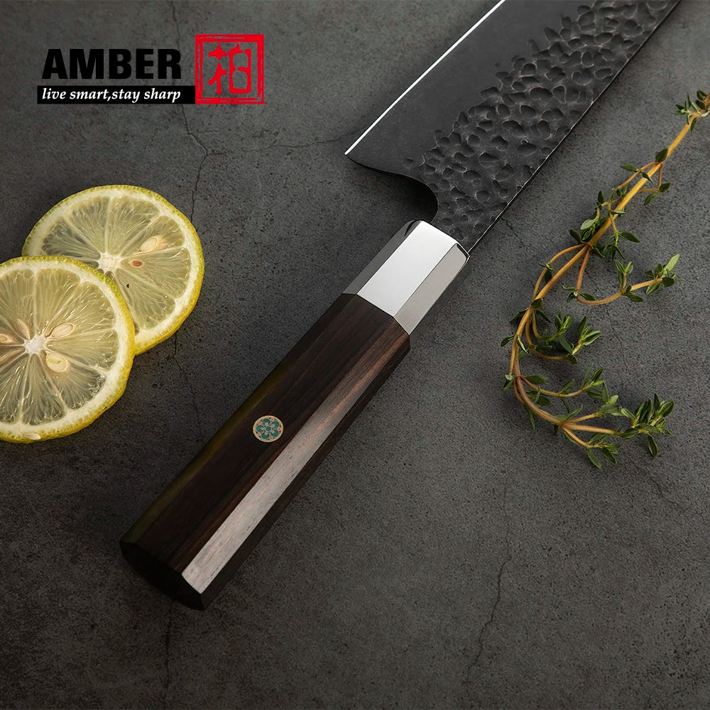 Amber Top Quality 440C high carbon steel black finish kitchen knife set with stablized wood