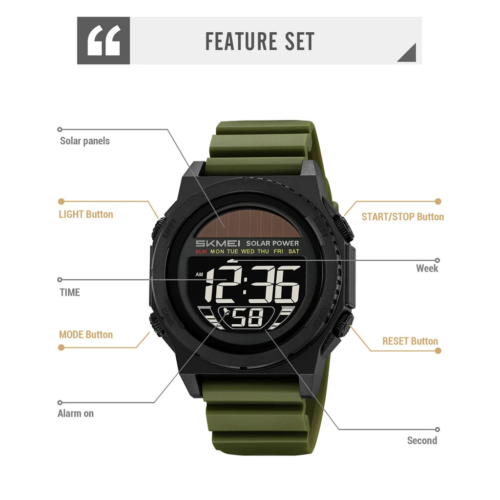 SKMEI Multifunctional Digital Watch Solar Energy Sports Electronics Watches For Men Fashion 5Bar Waterproof Chrono Wristwatches