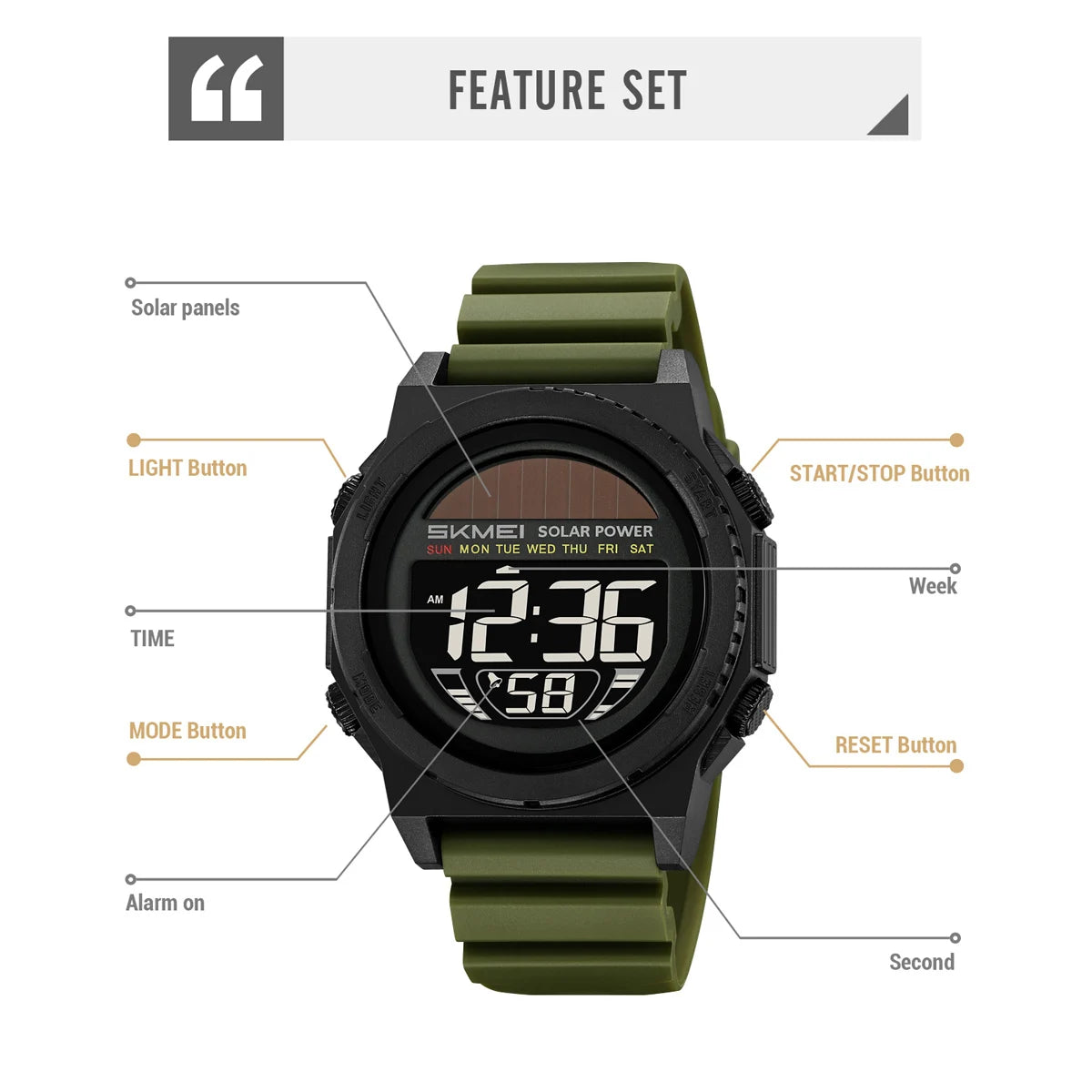 SKMEI Multifunctional Digital Watch Solar Energy Sports Electronics Watches For Men Fashion 5Bar Waterproof Chrono Wristwatches