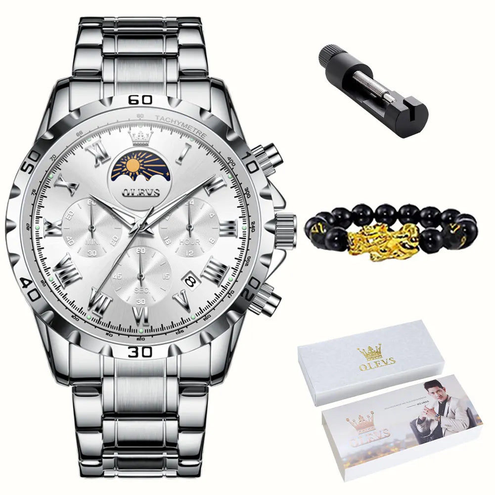 OLEVS 2950 Moon Phase Quartz Watch for Men Multi functional Roman Scale Original Hand Clock Chronograph Business Male Watches