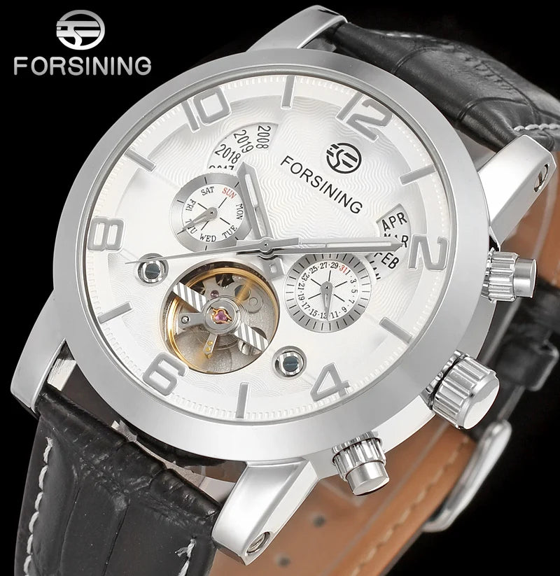 Forsining Fashion Mechanical Male Wristwatches Tourbillon Waterproof Leather Strap Regulator Watches With Perpetual Calendar
