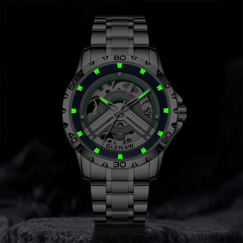 GLENAW Original Brand Skeleton Automatic Movement Man Watch Mechanical Waterproof Male Wrist Watches Fashion Sports Clockwork