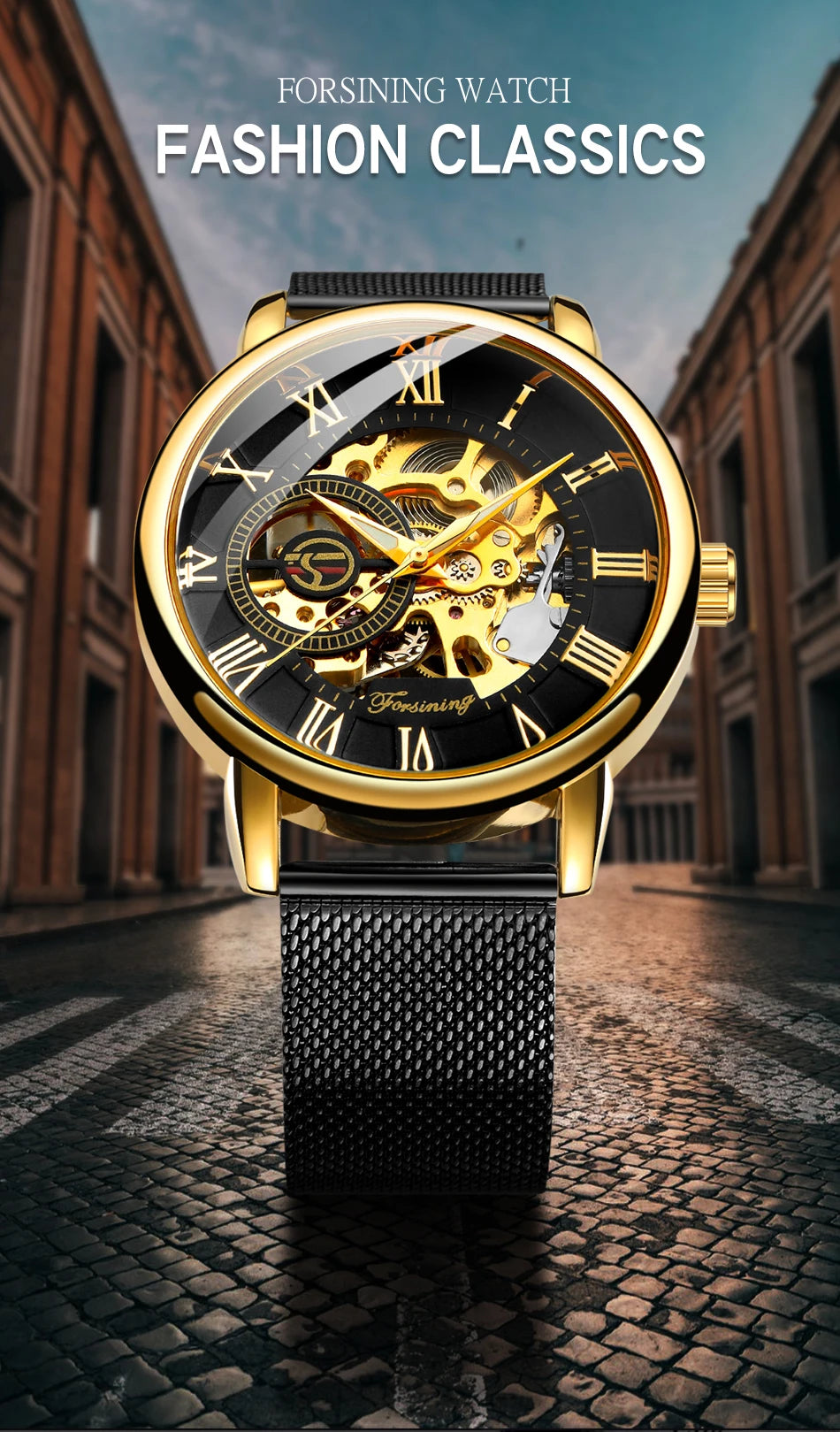 Classic Skeleton Mechanical Watch - Engraved Case with Mesh Strap & Roman Numerals