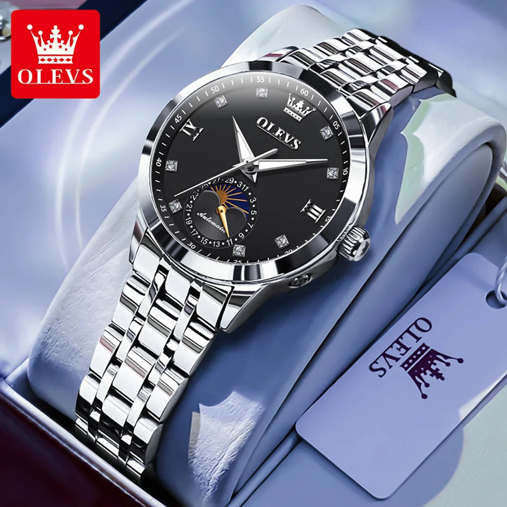 OLEVS Fashion Date Women's Watches Moon Phase 30m Waterproof Automatic Mechanical Watch for Lady Stainless Steel Brand Luminous