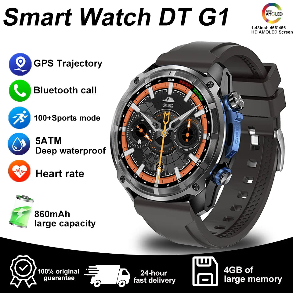New Watch DT G1 Smart Watch Men's 1.43 "HD AMOLED Screen GPS Track 3ATM Waterproof Heart Rate Bluetooth Call Compass Smart Watch