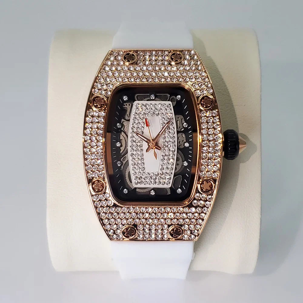 Fashion Rose Iced Watches Women Casual Silicone Strap Quartz Dress Full Diamond AAA Tonnneau Watch For Ladies Dropshipping