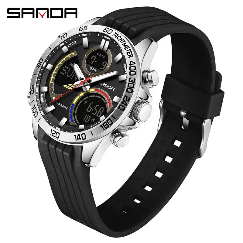 SANDA 6269 Dual Display Electronic Watch Men's Dual Movement 5ATM Waterproof Night Light Three Ground Time Student Sports Watch