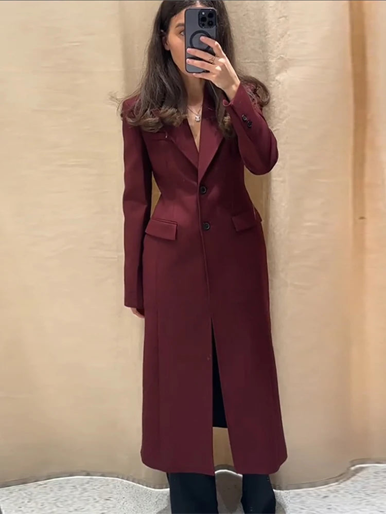 Long Waist Cinched Suit Coat Jacket V-Neck Commuter Minimalist Slim Fit Elegant Women Overcoat Top Professional Formal Spring