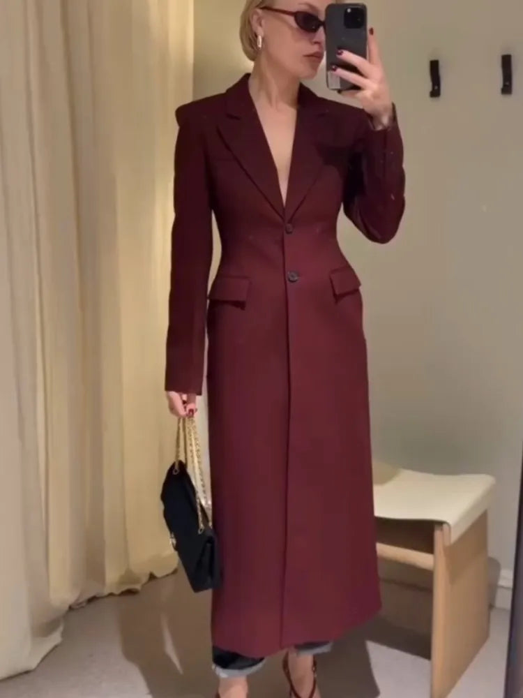 Long Waist Cinched Suit Coat Jacket V-Neck Commuter Minimalist Slim Fit Elegant Women Overcoat Top Professional Formal Spring
