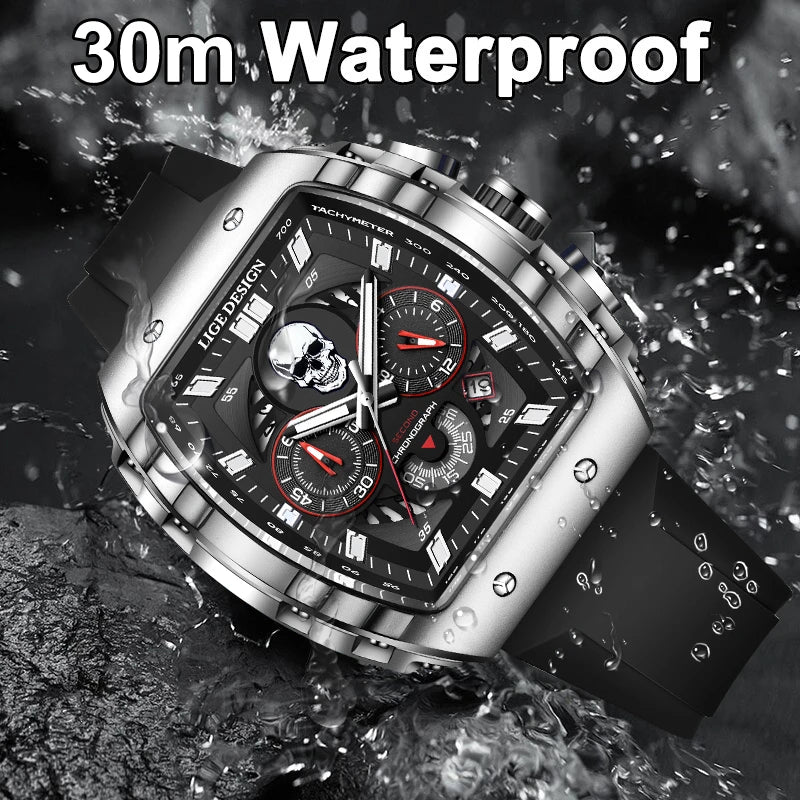 LIGE Brand Mens Watch Skeleton Skull Dial Sports Military Watches Men Fashion Luxury Waterproof Quartz Watch Chronograph Relogio