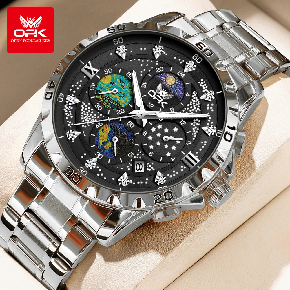 OPK Moon Phase Men's Watches Multi-function Timing code Luminous Waterproof Watch for Man