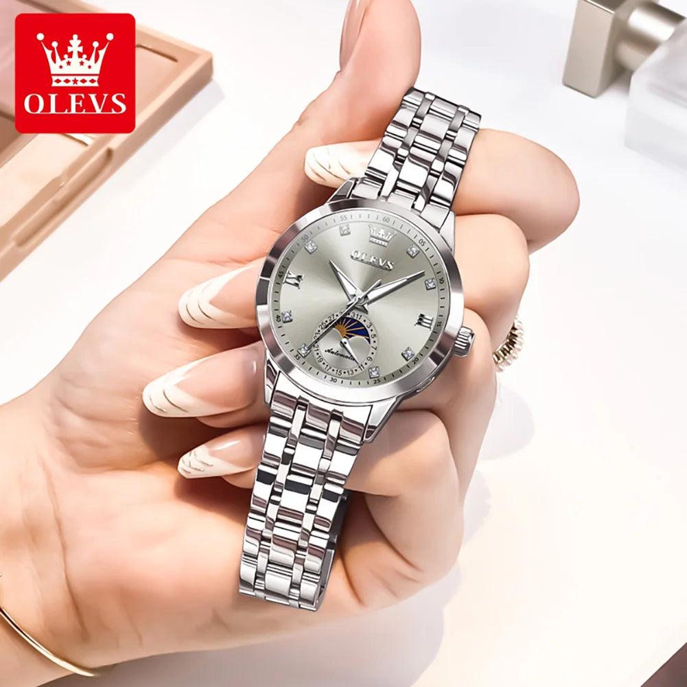 OLEVS Fashion Date Women's Watches Moon Phase 30m Waterproof Automatic Mechanical Watch for Lady Stainless Steel Brand Luminous