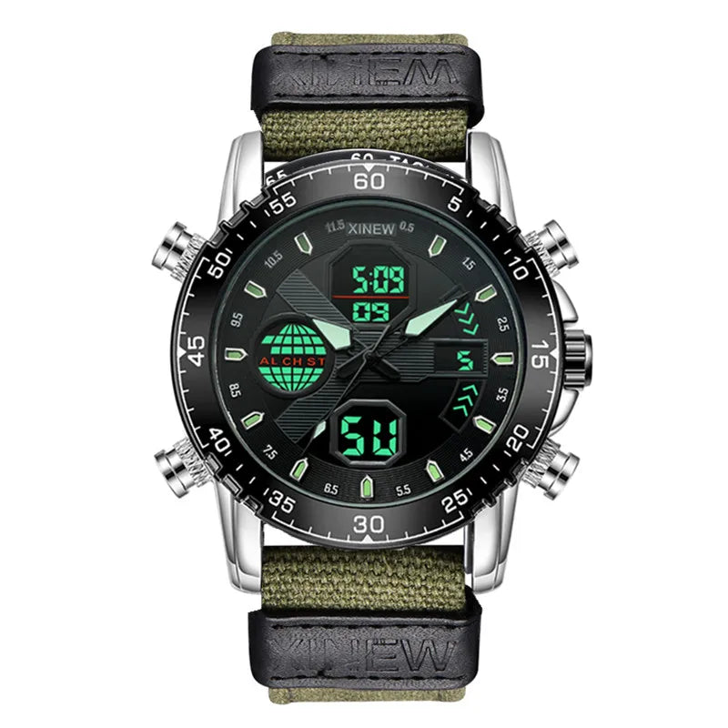1pc / lot XINEW Brand Dual Time Watches For Men Fashion Casual Nylon Band Sports Military Digital Watch Black Montre Homme 2025
