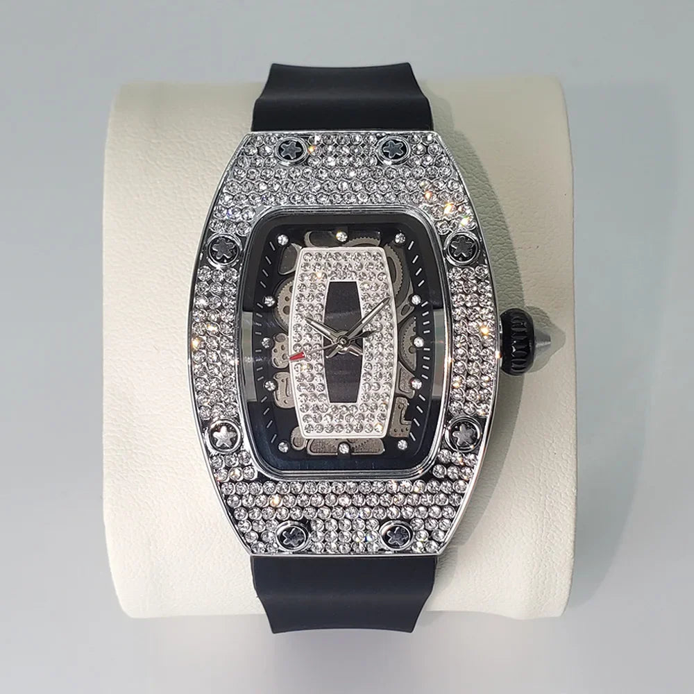 Fashion Rose Iced Watches Women Casual Silicone Strap Quartz Dress Full Diamond AAA Tonnneau Watch For Ladies Dropshipping