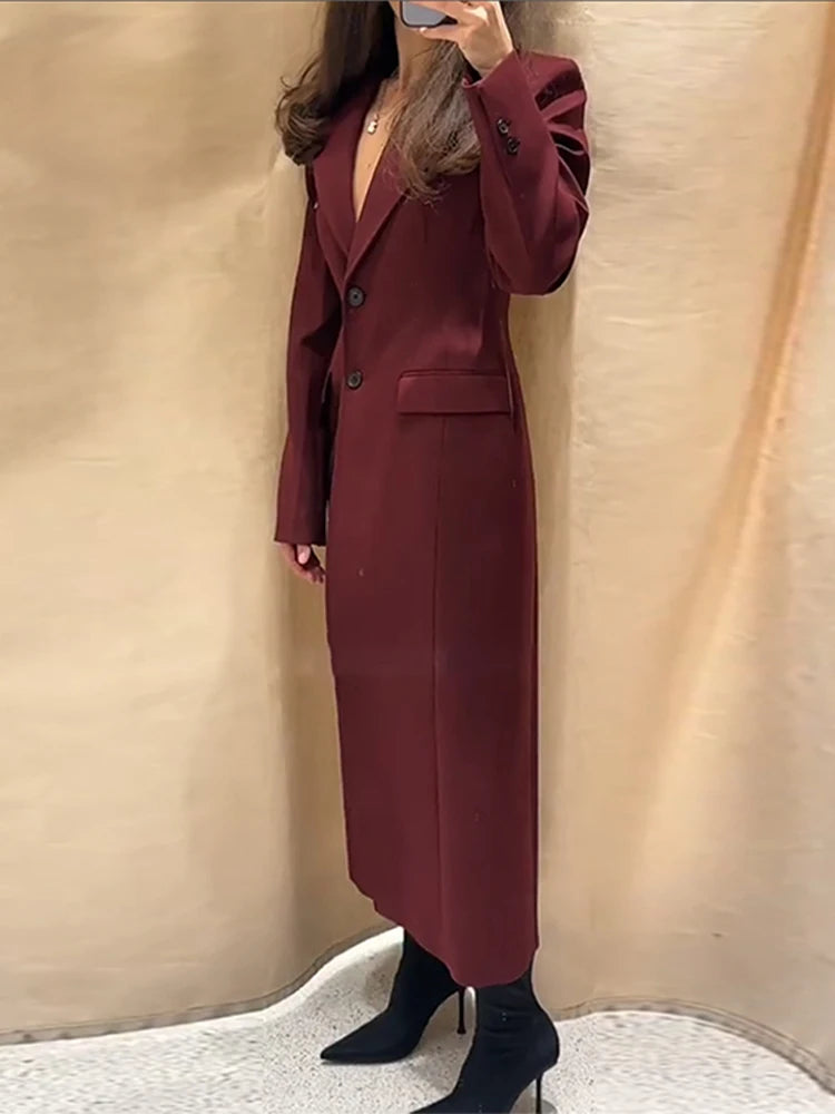 Long Waist Cinched Suit Coat Jacket V-Neck Commuter Minimalist Slim Fit Elegant Women Overcoat Top Professional Formal Spring