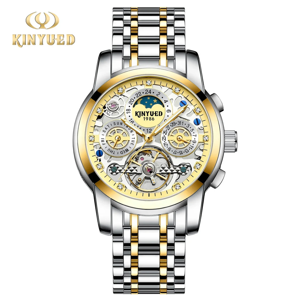 Tourbillon Automatic Watch for Men Diamond Moon Phase Mechanical Mens Watches Waterproof Silver Gold Stainless Steel Wristwatch