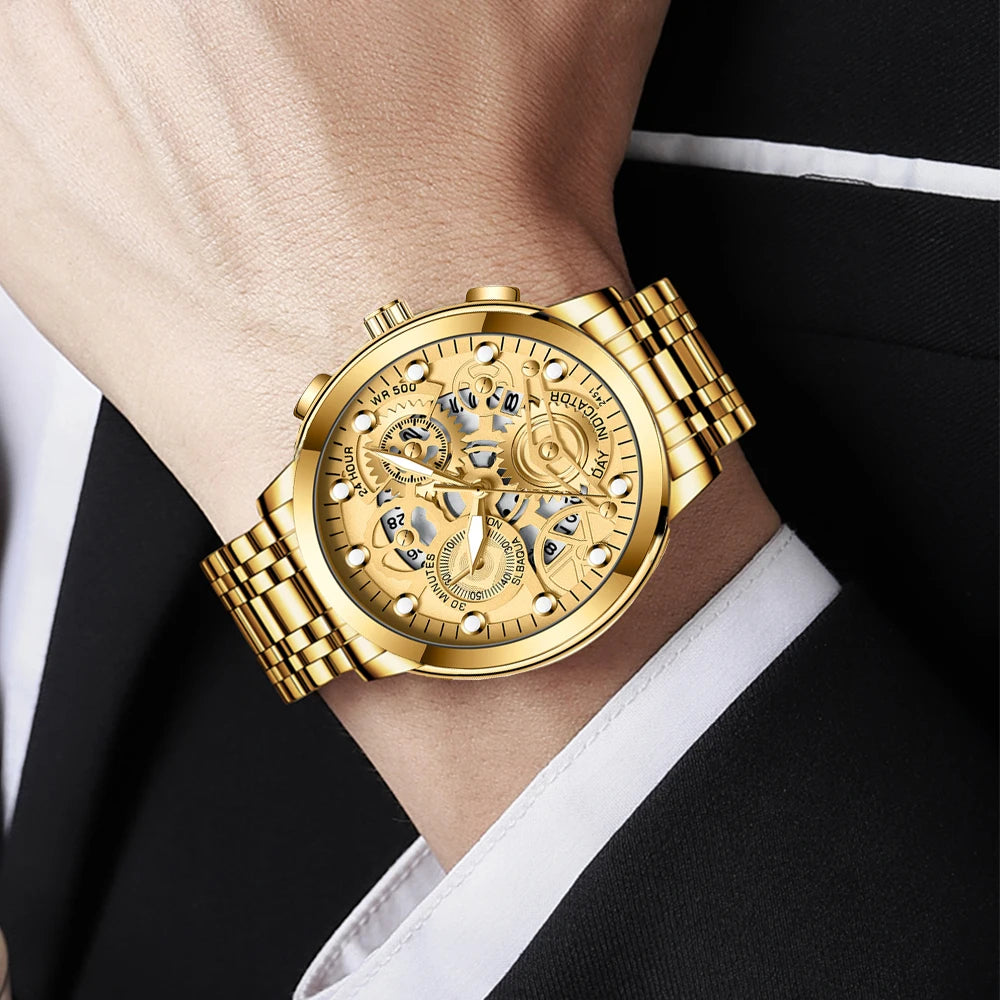 Sports Men's Watch Fashionable Stainless Steel Strap Fashionable Hollow Dial Golden Business Style Original Quartz Watch for Men
