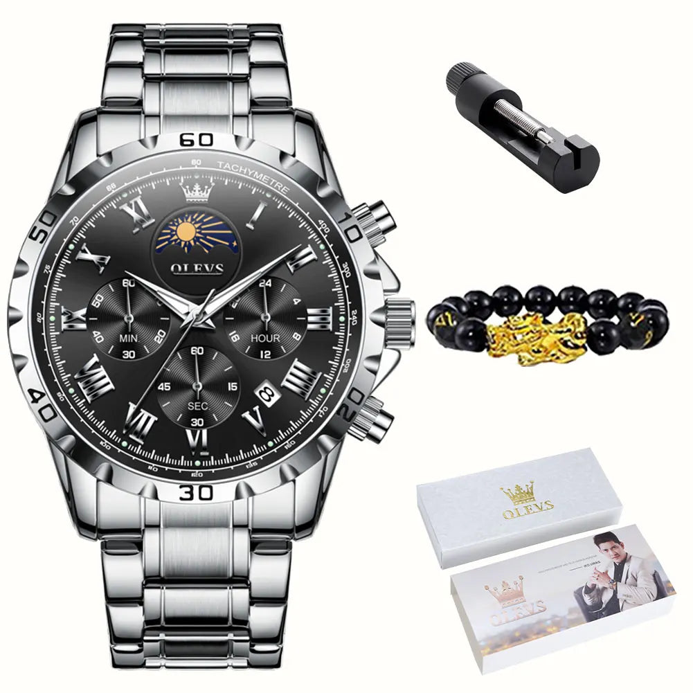OLEVS 2950 Moon Phase Quartz Watch for Men Multi functional Roman Scale Original Hand Clock Chronograph Business Male Watches