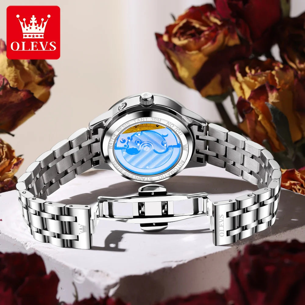 OLEVS Fashion Date Women's Watches Moon Phase 30m Waterproof Automatic Mechanical Watch for Lady Stainless Steel Brand Luminous