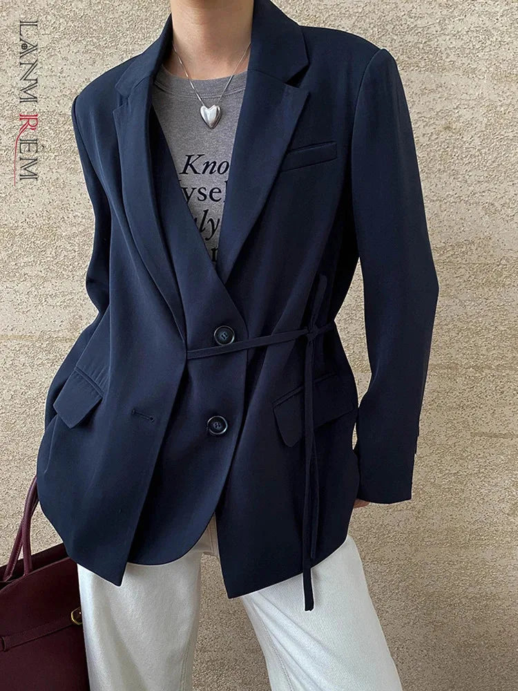 [LANMREM] Designer Asymmetric Spliced Design Lace-up Gathered Waist Blazers For Women Notched Fit Jackets 2025 Winter New 26C565