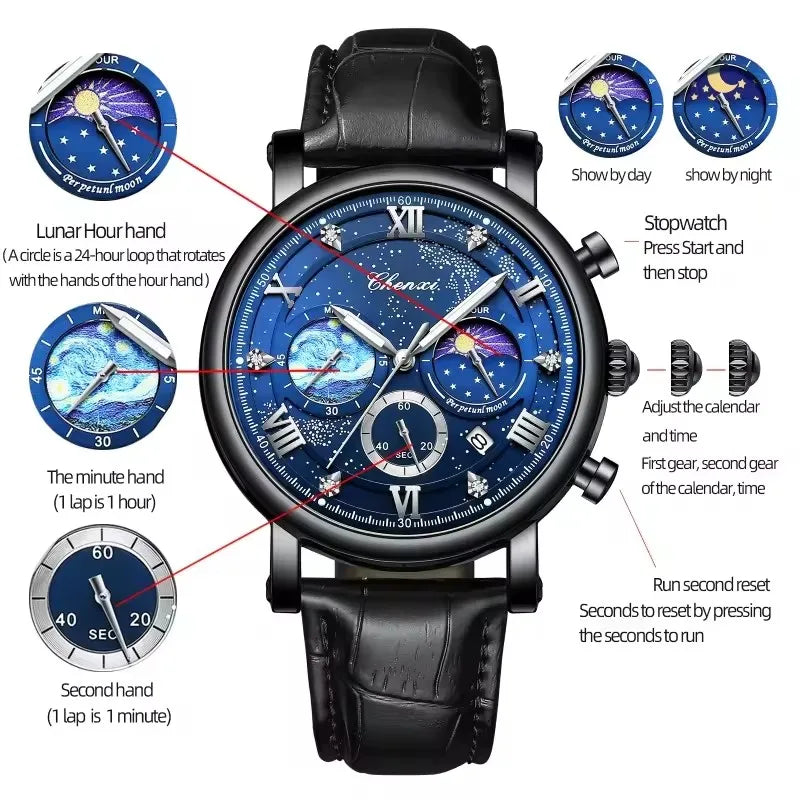 CHENXI 972 Men's Multi-Function Quartz Watch - Waterproof Chronograph with Moon Phase & Calendar