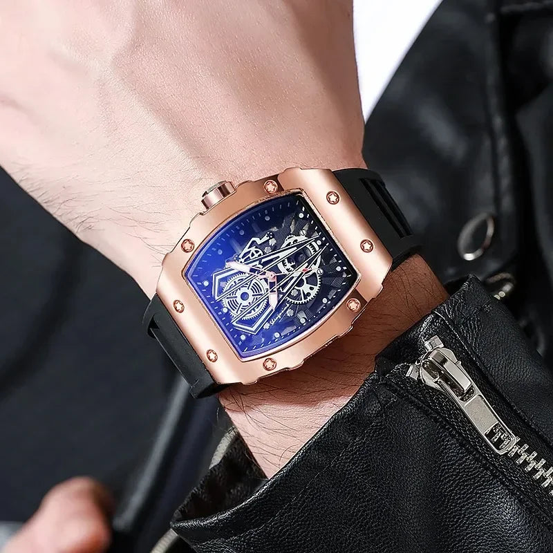 Custom-Made Numberless Men's Watch Fashionable Wine Barrel Style Sports Dial British Quartz Watch with Silicone Band China Made