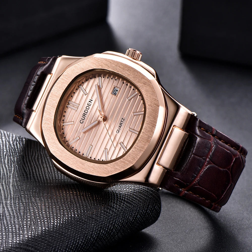 CURDDEN Golden Signature - Simple Business Leather Quartz Watch with Date
