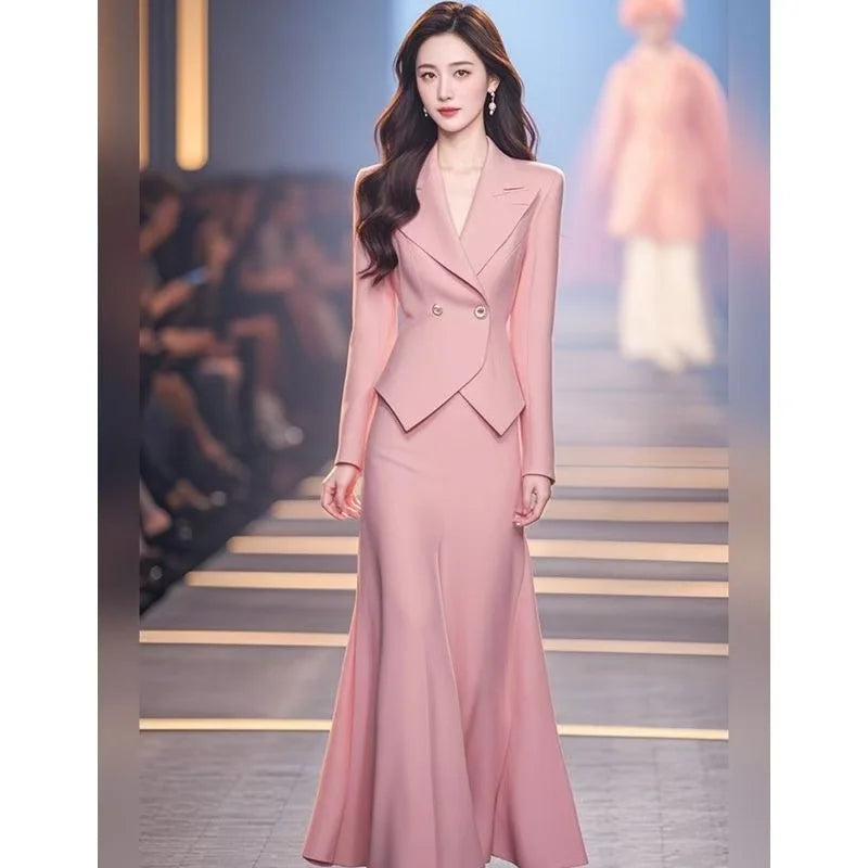 Luxury Celebrity Party Outfits New Elegant Women Formal Suit Flower Embroidery Beading Satin Coat + Midi Skirt Two Piece Sets