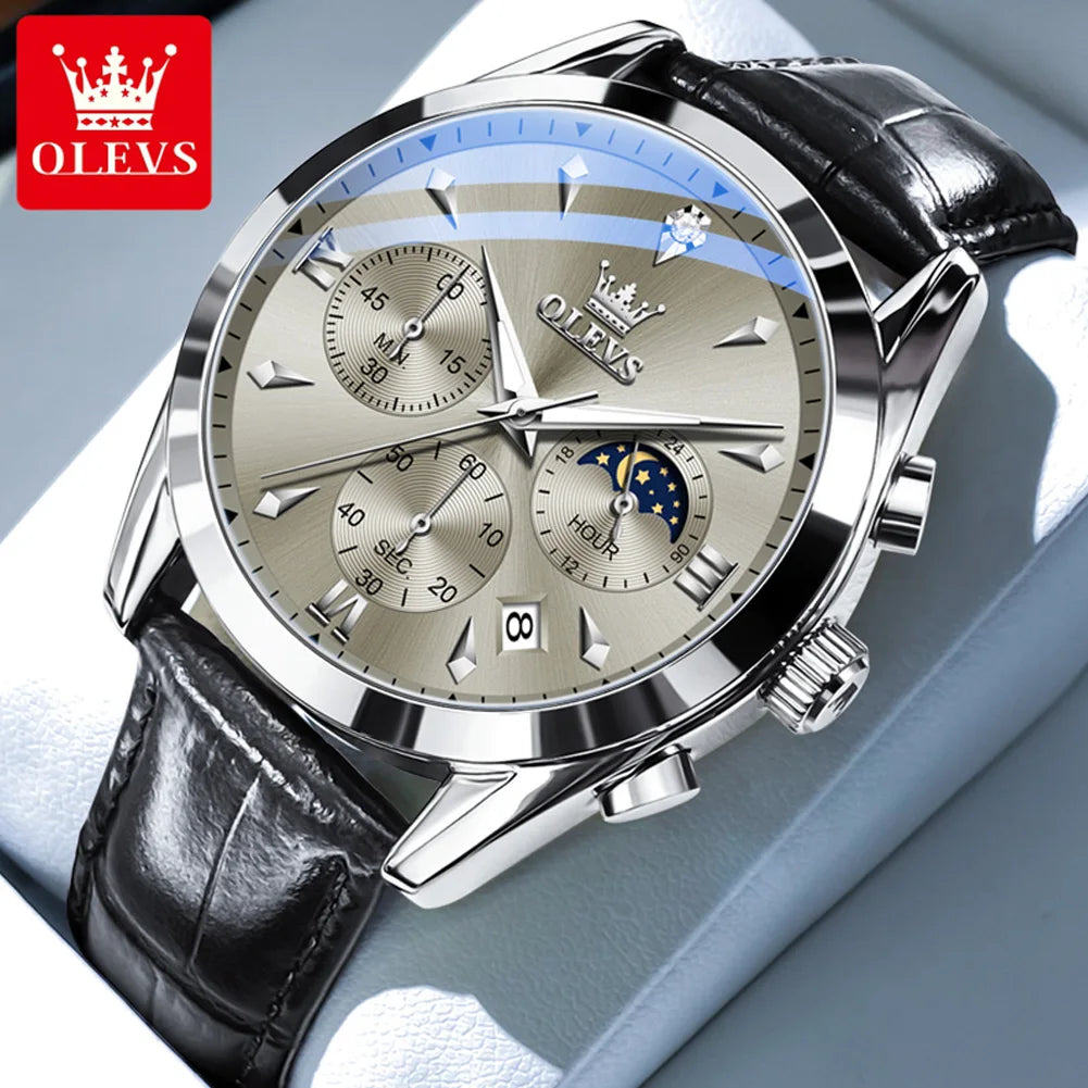 OLEVS 3609 Original Moon Phase Chronograph Man Watch Leather Strap Waterproof Luminous Luxury Brand Quartz Wrist Watches for Men