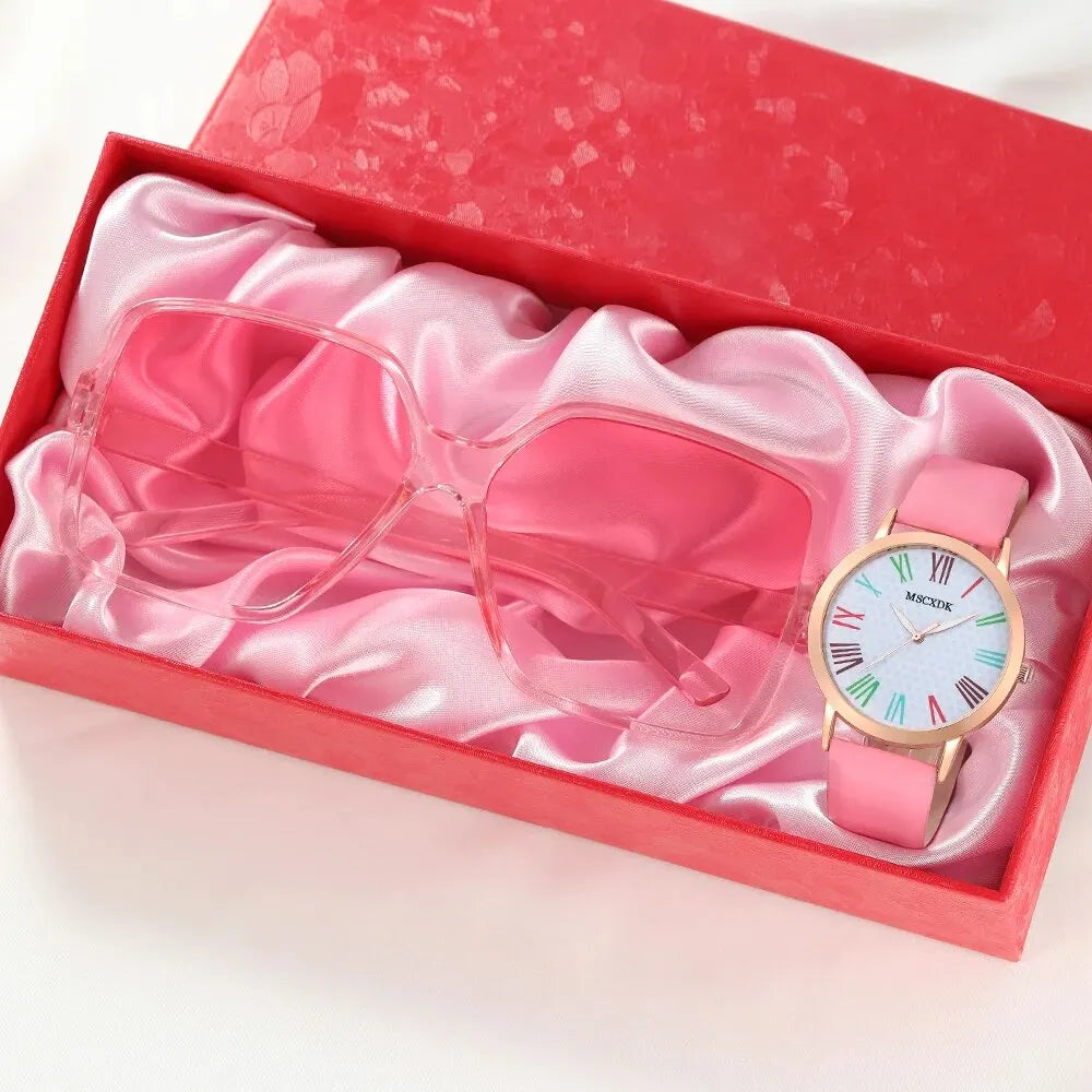 Fashion Watch Glasses Set Casual Leather Belt Watches Women Simple Sunglasses Ladies Iron Tower Dial Quartz Wristwatches Dress C