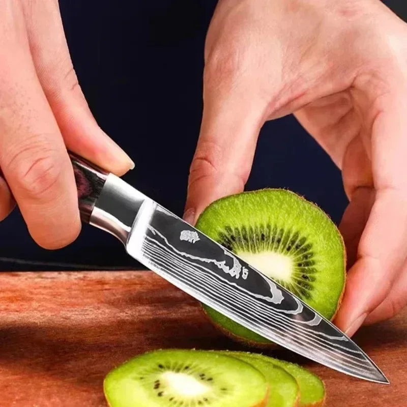 3PCS Kitchen Knife Set Laser Damascus Santoku Knife Utility Knife Professional Chef Knife Meat Cleaver Kitchen Accessories