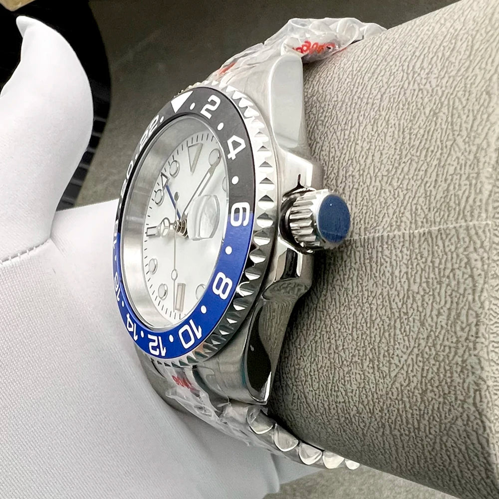 Automatic GMT Watch for Men – NH34 Movement, White Sterile Dial, Ceramic Bezel, Blue Hand, Dual Time Zone Stainless Steel