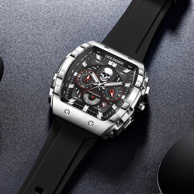 LIGE Brand Mens Watch Skeleton Skull Dial Sports Military Watches Men Fashion Luxury Waterproof Quartz Watch Chronograph Relogio